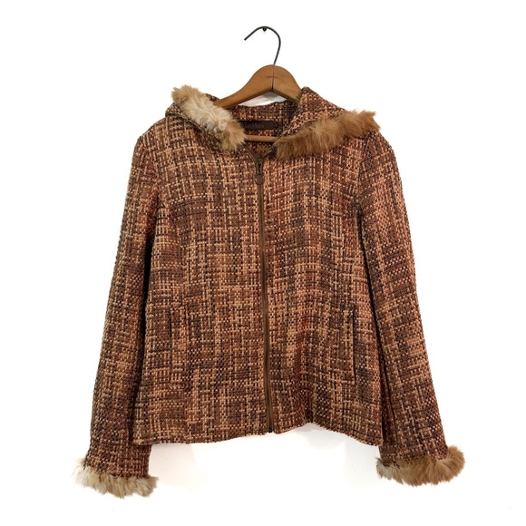no brand Jackets & Blazers - Tweed Wool-blend Hooded Fur Trimmed Jacket‎ - Size M